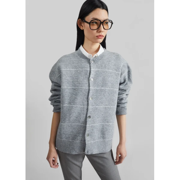 The Frankie Shop Stenvad Crewneck Cardigan – Grey/White Stripe, view 2
