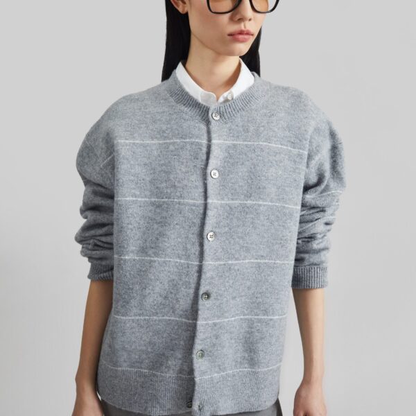 The Frankie Shop Stenvad Crewneck Cardigan - Grey/White Stripe - Oversized Minimalist Knitwear in Multicolour - Shop at Coveti