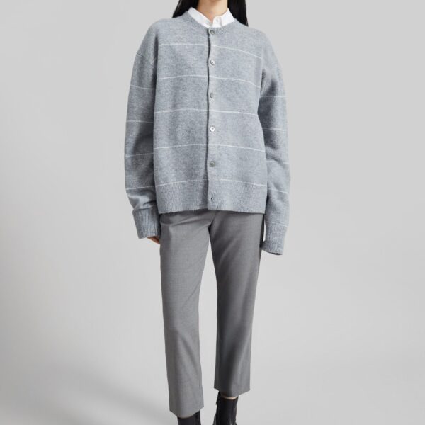 The Frankie Shop Stenvad Crewneck Cardigan - Grey/White Stripe - Oversized Minimalist Knitwear in Multicolour - Shop at Coveti