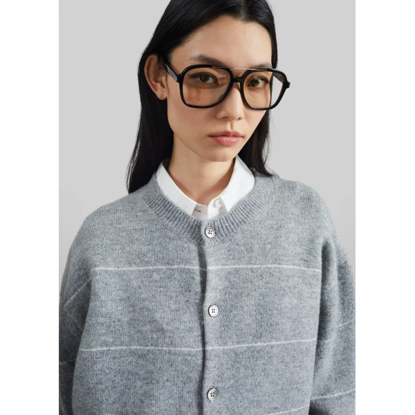 The Frankie Shop Stenvad Crewneck Cardigan – Grey/White Stripe, view 4