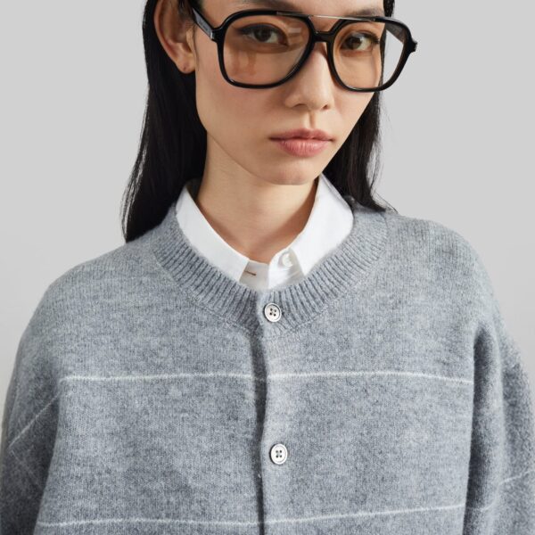 The Frankie Shop Stenvad Crewneck Cardigan - Grey/White Stripe - Oversized Minimalist Knitwear in Multicolour - Shop at Coveti