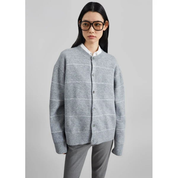 The Frankie Shop Stenvad Crewneck Cardigan – Grey/White Stripe, view 5