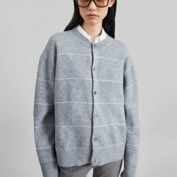 The Frankie Shop Stenvad Crewneck Cardigan - Grey/White Stripe - Oversized Minimalist Knitwear in Multicolour - Shop at Coveti