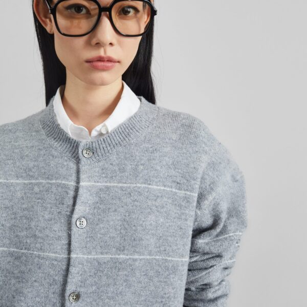 The Frankie Shop Stenvad Crewneck Cardigan - Grey/White Stripe - Oversized Minimalist Knitwear in Multicolour - Shop at Coveti