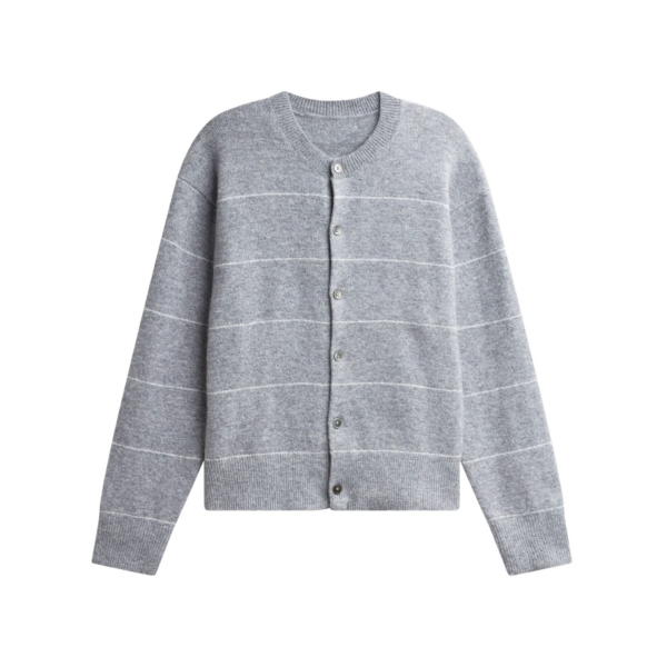 The Frankie Shop Stenvad Crewneck Cardigan - Grey/White Stripe - Oversized Minimalist Knitwear in Multicolour - Shop at Coveti