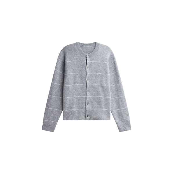 The Frankie Shop Stenvad Crewneck Cardigan - Grey/White Stripe - Oversized Minimalist Knitwear in Multicolour - Shop at Coveti