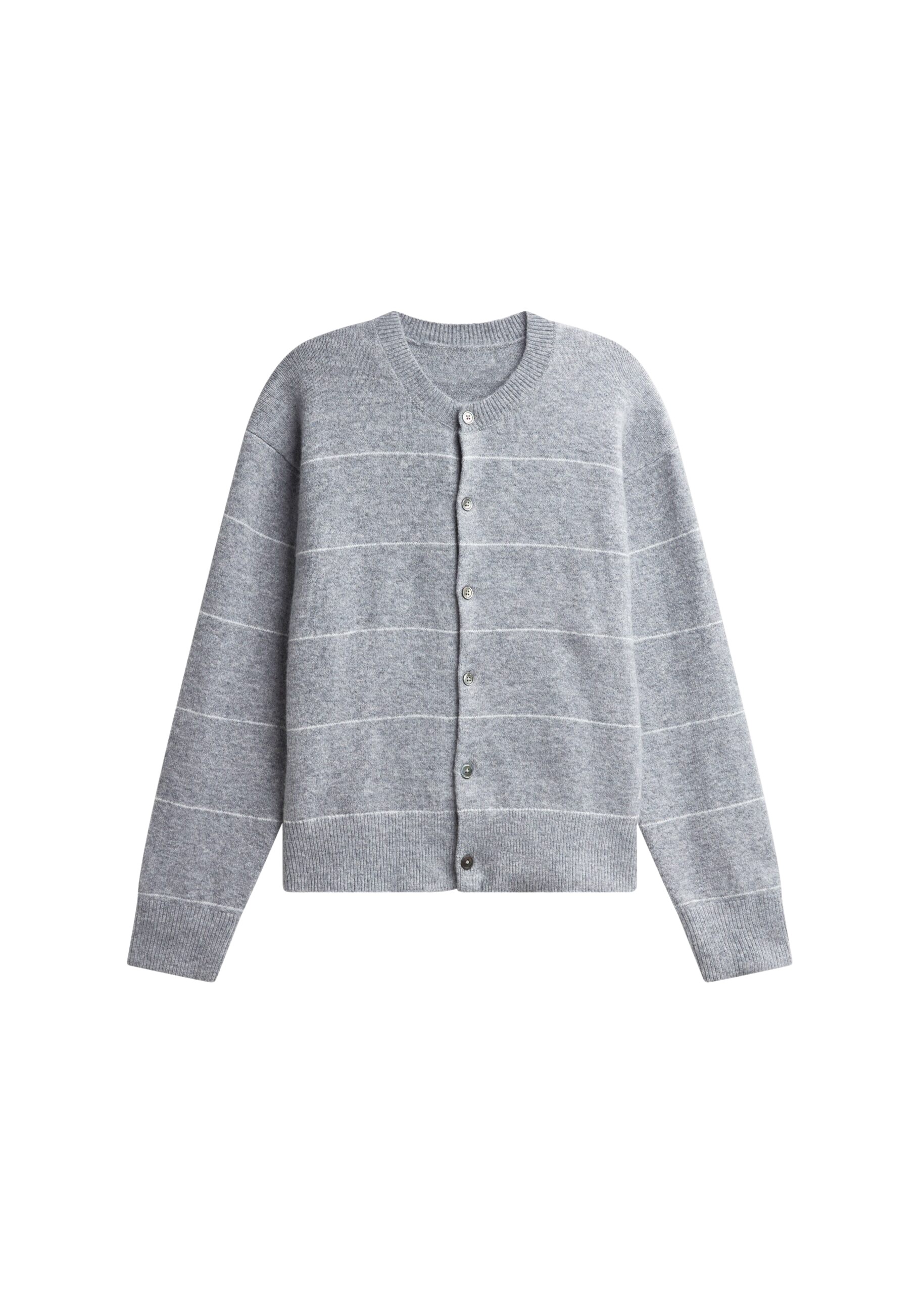 The Frankie Shop Stenvad Crewneck Cardigan - Grey/White Stripe - Oversized Minimalist Knitwear in Multicolour - Shop at Coveti
