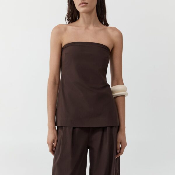 The Frankie Shop Strapless Rouleau Tie Top - Bark - Oversized Minimalist Tops in Beige - Shop at Coveti
