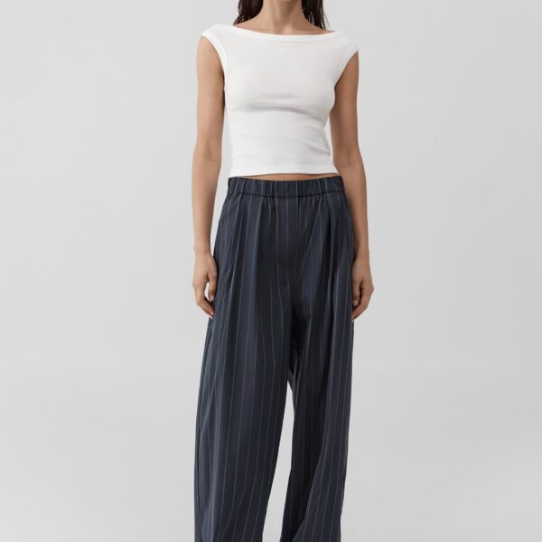 The Frankie Shop Stripe Relaxed Pleat Pants - Ink Stripe - Oversized Minimalist Pants in Multicolour - Shop at Coveti