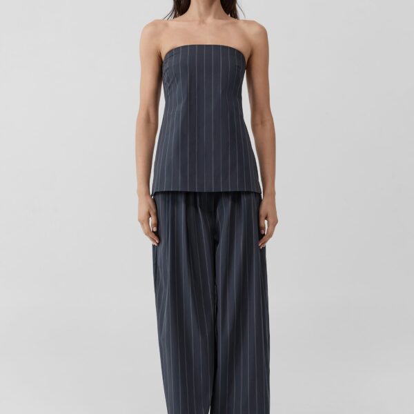 The Frankie Shop Stripe Relaxed Pleat Pants - Ink Stripe - Oversized Minimalist Pants in Multicolour - Shop at Coveti