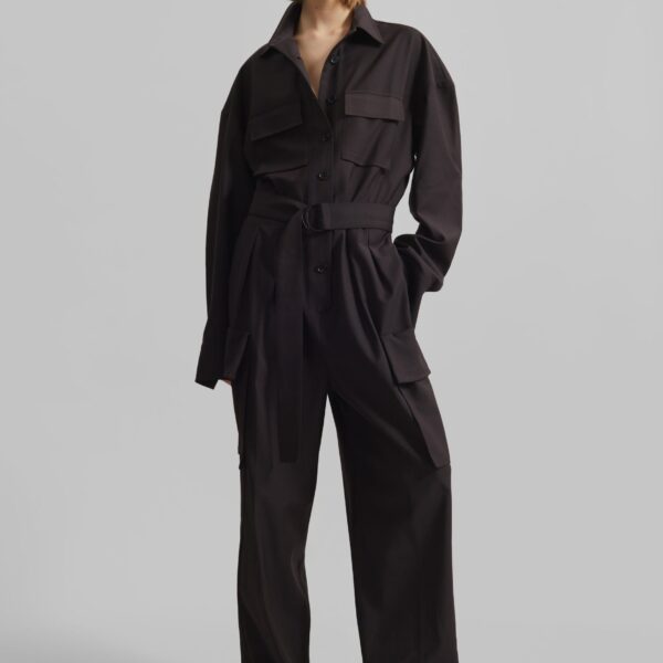 The Frankie Shop Suzie Jumpsuit - Brown - Oversized Minimalist Jumpsuit in Beige - Shop at Coveti