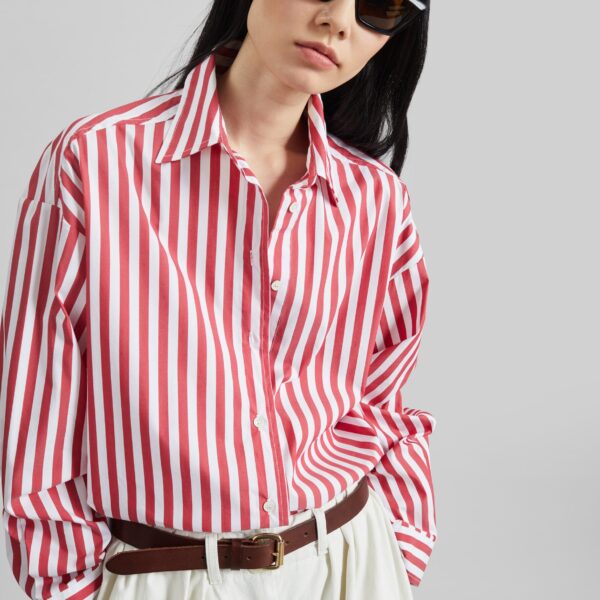The Frankie Shop Sylvia Oxford Shirt - White/Red Stripe - Oversized Minimalist Tops in Multicolour - Shop at Coveti
