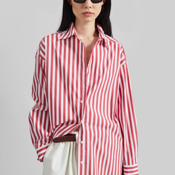 The Frankie Shop Sylvia Oxford Shirt - White/Red Stripe - Oversized Minimalist Tops in Multicolour - Shop at Coveti