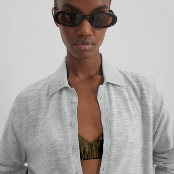 The Frankie Shop Tala Knit V-Neck Polo - Light Grey - Oversized Minimalist Tops in Grey - Shop at Coveti