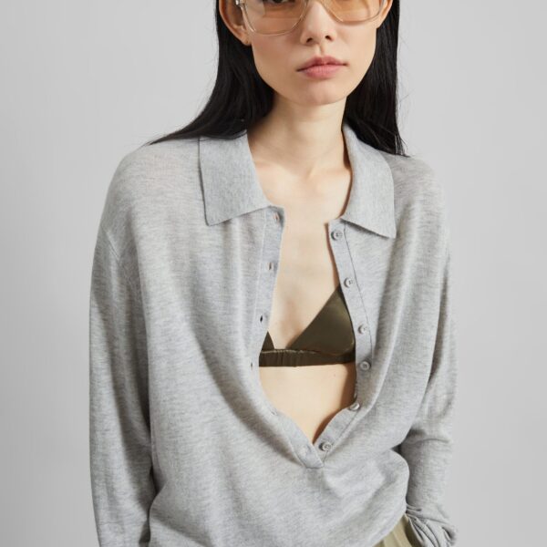 The Frankie Shop Tala Knit V-Neck Polo - Light Grey - Oversized Minimalist Tops in Grey - Shop at Coveti