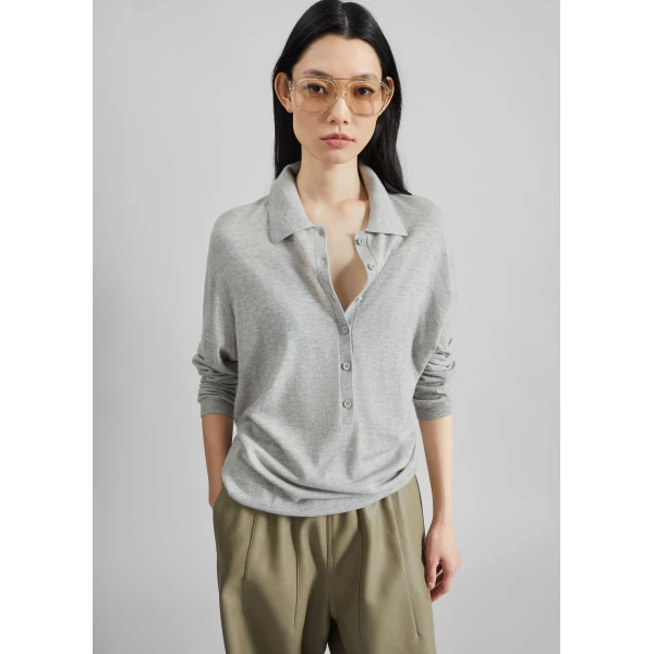 The Frankie Shop Tala Knit V-Neck Polo – Light Grey, view 6
