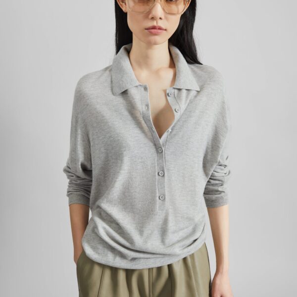 The Frankie Shop Tala Knit V-Neck Polo - Light Grey - Oversized Minimalist Tops in Grey - Shop at Coveti