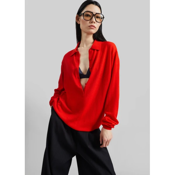 The Frankie Shop Tala Knit V-Neck Polo – Red, view 2