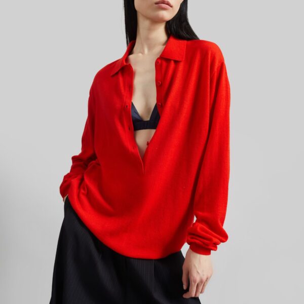 The Frankie Shop Tala Knit V-Neck Polo - Red - Oversized Minimalist Tops in Red - Shop at Coveti