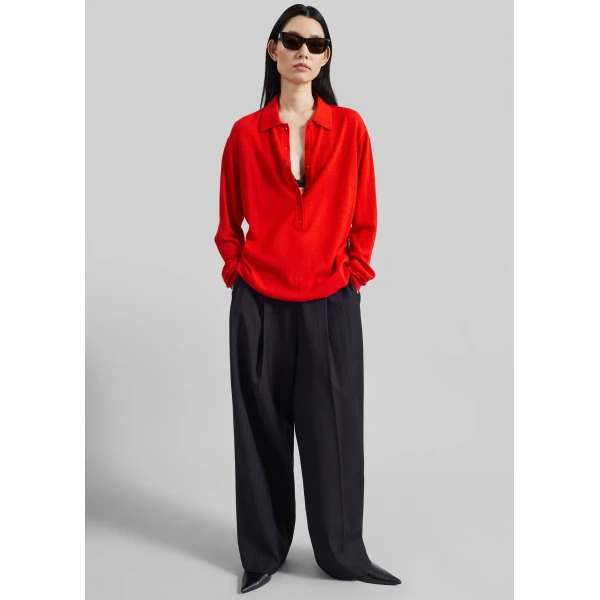 The Frankie Shop Tala Knit V-Neck Polo – Red, view 3