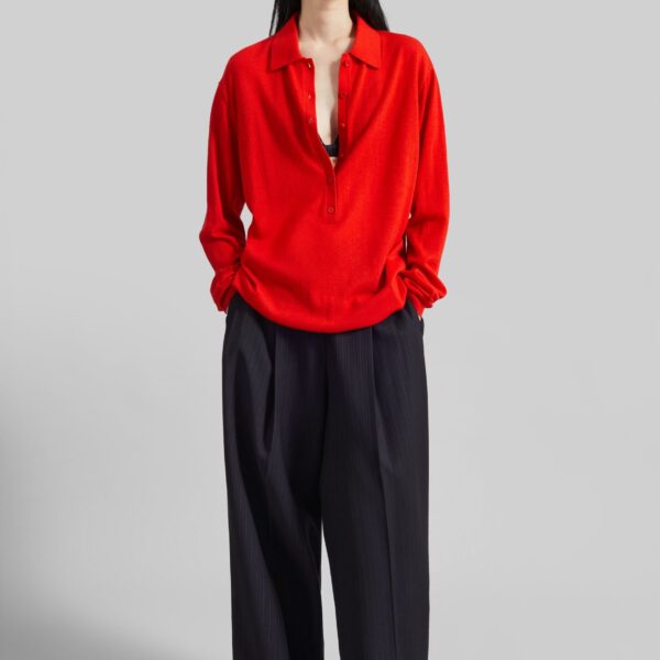 The Frankie Shop Tala Knit V-Neck Polo - Red - Oversized Minimalist Tops in Red - Shop at Coveti