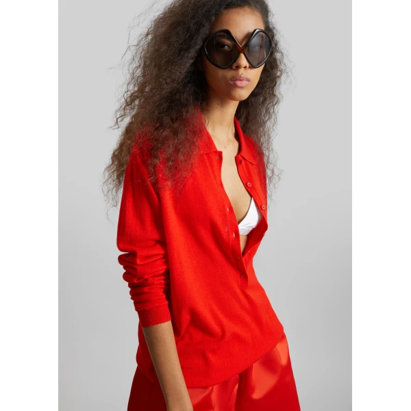 The Frankie Shop Tala Knit V-Neck Polo – Red, view 4