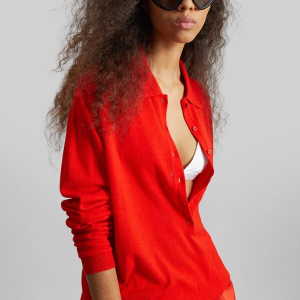 The Frankie Shop Tala Knit V-Neck Polo - Red - Oversized Minimalist Tops in Red - Shop at Coveti