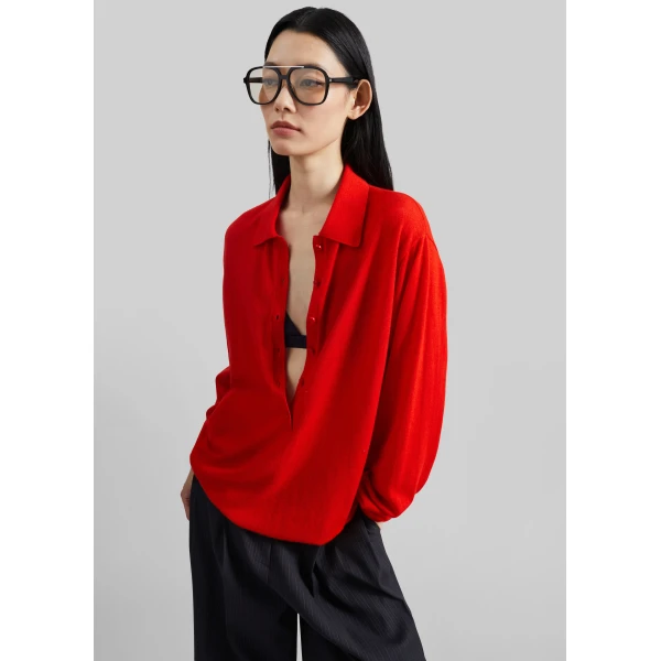 The Frankie Shop Tala Knit V-Neck Polo – Red, view 5