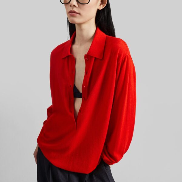 The Frankie Shop Tala Knit V-Neck Polo - Red - Oversized Minimalist Tops in Red - Shop at Coveti