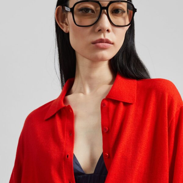 The Frankie Shop Tala Knit V-Neck Polo - Red - Oversized Minimalist Tops in Red - Shop at Coveti
