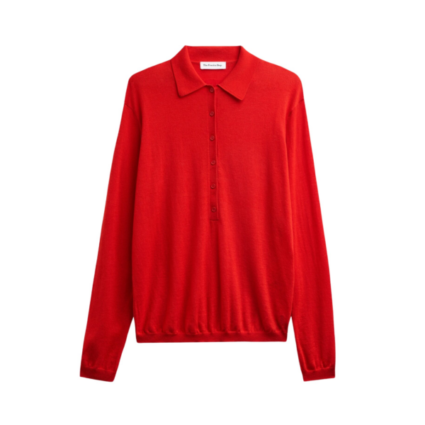 The Frankie Shop Tala Knit V-Neck Polo - Red - Oversized Minimalist Tops in Red - Shop at Coveti