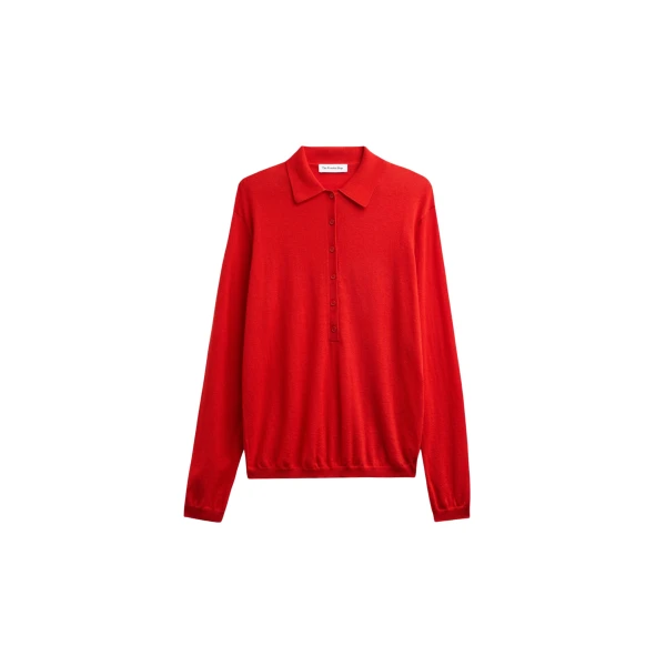 The Frankie Shop Tala Knit V-Neck Polo - Red - Oversized Minimalist Tops in Red - Shop at Coveti