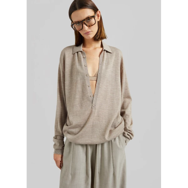 The Frankie Shop Tala Knit V-Neck Polo – Taupe Melange, view 2