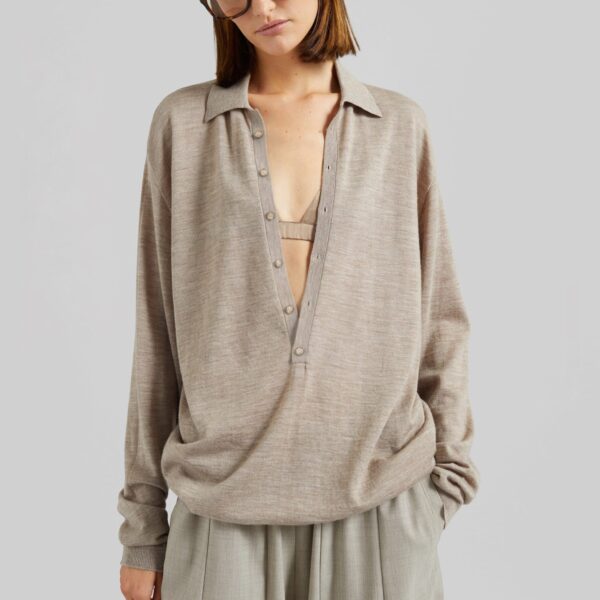 The Frankie Shop Tala Knit V-Neck Polo - Taupe Melange - Oversized Minimalist Tops in Beige - Shop at Coveti