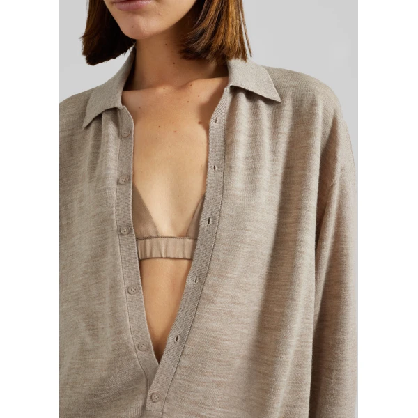 The Frankie Shop Tala Knit V-Neck Polo – Taupe Melange, view 3