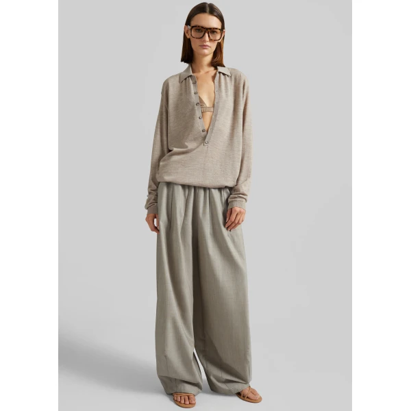 The Frankie Shop Tala Knit V-Neck Polo – Taupe Melange, view 5