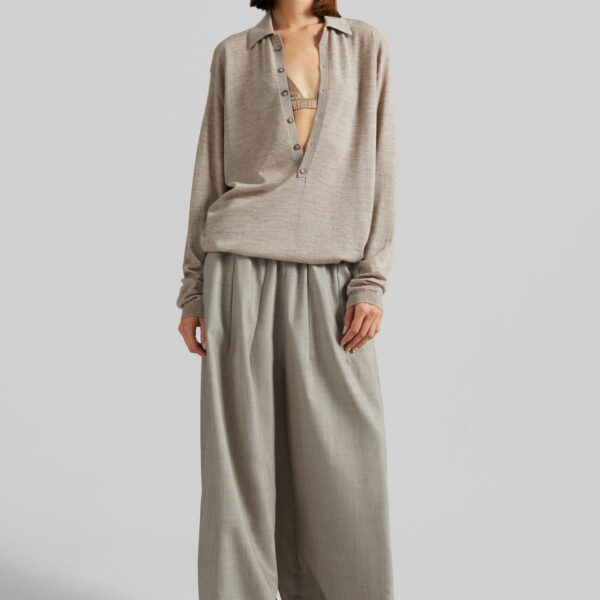 The Frankie Shop Tala Knit V-Neck Polo - Taupe Melange - Oversized Minimalist Tops in Beige - Shop at Coveti
