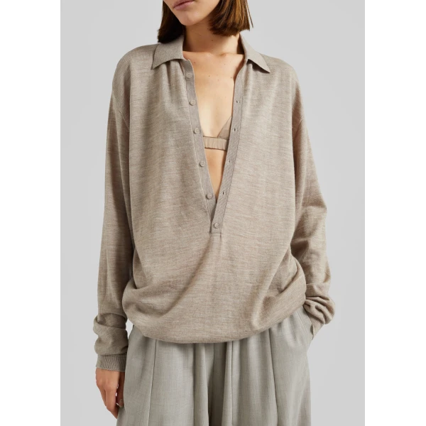The Frankie Shop Tala Knit V-Neck Polo – Taupe Melange, view 6