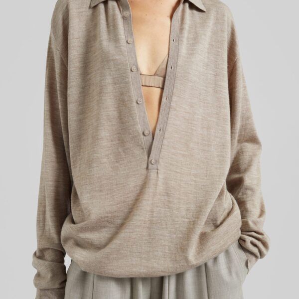 The Frankie Shop Tala Knit V-Neck Polo - Taupe Melange - Oversized Minimalist Tops in Beige - Shop at Coveti