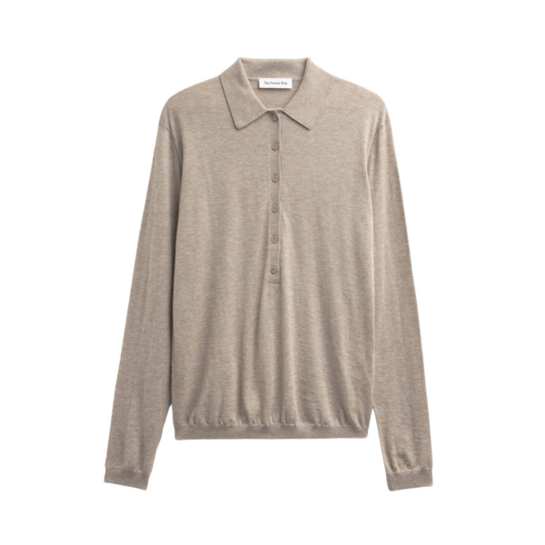 The Frankie Shop Tala Knit V-Neck Polo - Taupe Melange - Oversized Minimalist Tops in Beige - Shop at Coveti