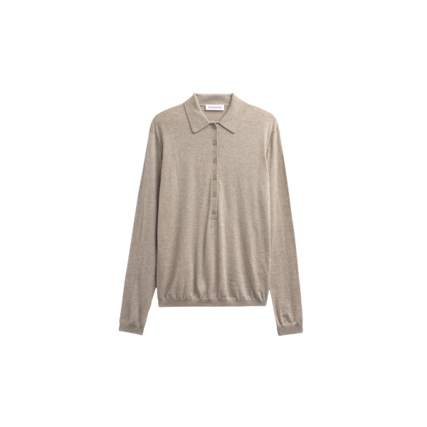 The Frankie Shop Tala Knit V-Neck Polo - Taupe Melange - Oversized Minimalist Tops in Beige - Shop at Coveti