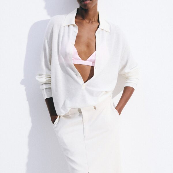 The Frankie Shop Tala Knit V-Neck Polo - White - Oversized Minimalist Tops in White - Shop at Coveti