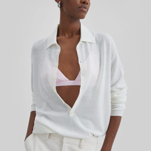The Frankie Shop Tala Knit V-Neck Polo - White - Oversized Minimalist Tops in White - Shop at Coveti