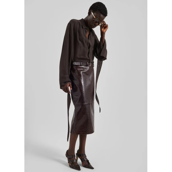 The Frankie Shop Taney Croc Leather Pencil Skirt – Dark Brown, view 2