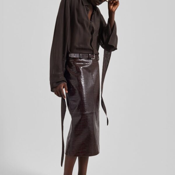 The Frankie Shop Taney Croc Leather Pencil Skirt - Dark Brown - Oversized Minimalist Skirts in Beige - Shop at Coveti