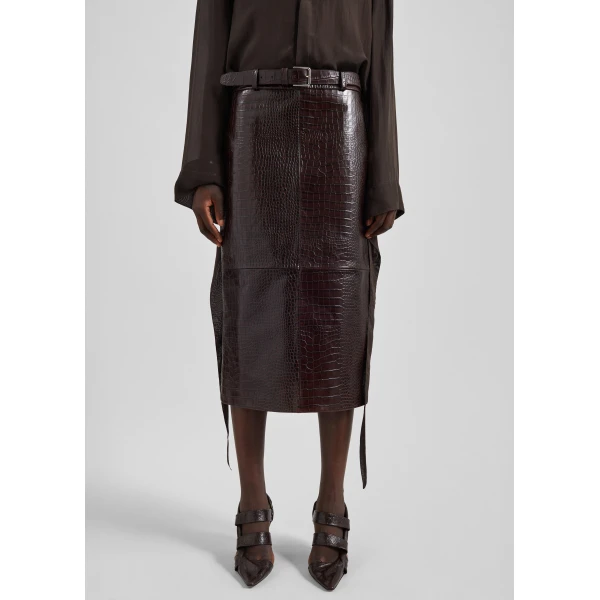 The Frankie Shop Taney Croc Leather Pencil Skirt – Dark Brown, view 3