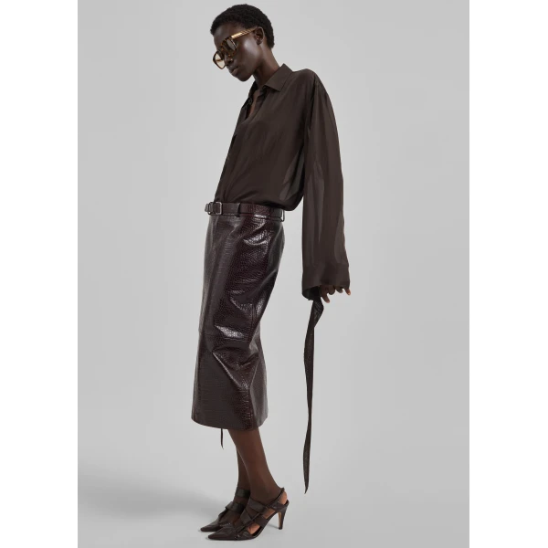 The Frankie Shop Taney Croc Leather Pencil Skirt – Dark Brown, view 5