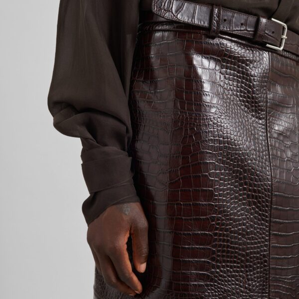 The Frankie Shop Taney Croc Leather Pencil Skirt - Dark Brown - Oversized Minimalist Skirts in Beige - Shop at Coveti
