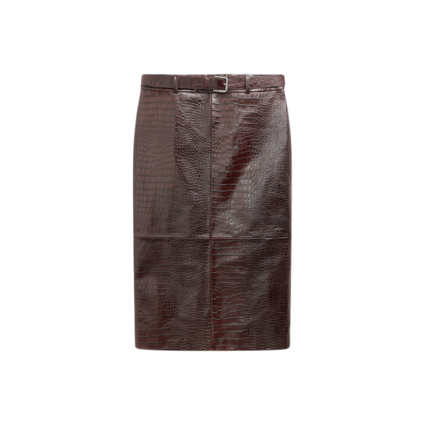 The Frankie Shop Taney Croc Leather Pencil Skirt - Dark Brown - Oversized Minimalist Skirts in Beige - Shop at Coveti