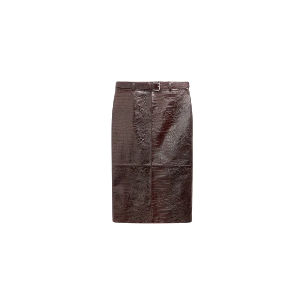 The Frankie Shop Taney Croc Leather Pencil Skirt - Dark Brown - Oversized Minimalist Skirts in Beige - Shop at Coveti